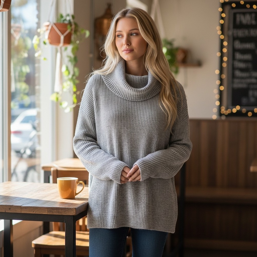 LOFT Outlet Lounge Womens Gray Cowl Neck Oversized Ribbed Knit Sweater Medium